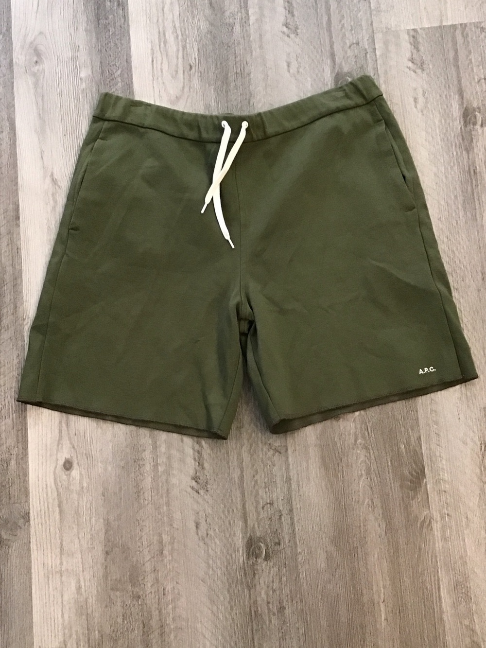 A.P.C. Olive Drawstring Athletic Shorts with White Cord sz XL